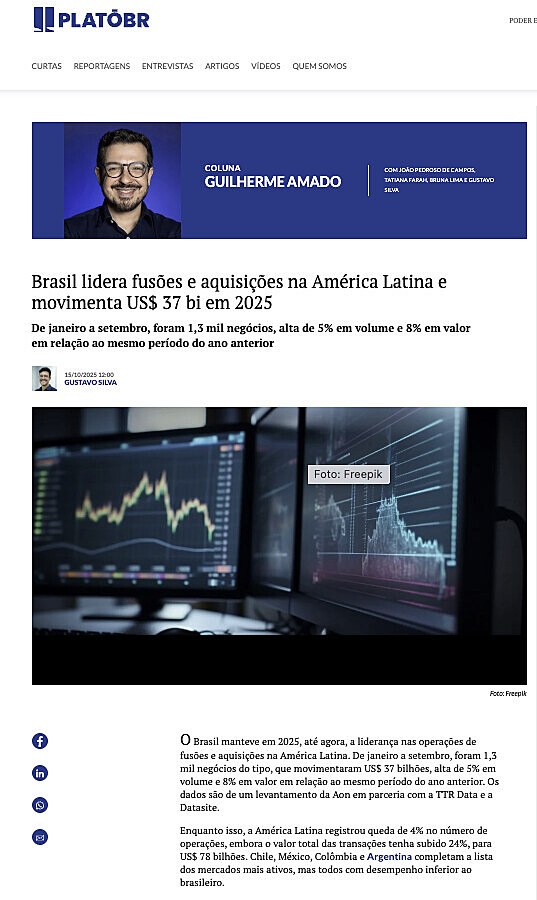 Brasil lidera fuses e aquisies na Amrica Latina e movimenta US$ 37 bi em 2025